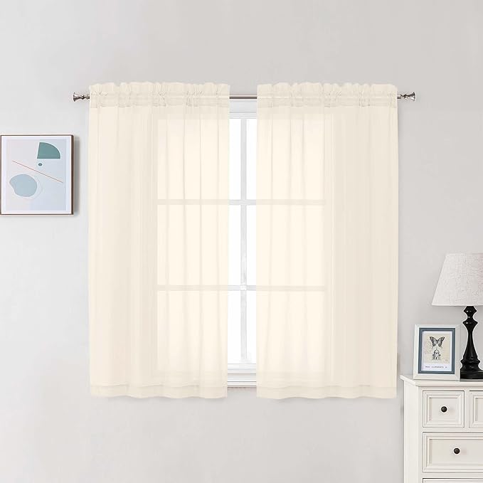 Chyhomenyc Cream Sheer Curtains 48 Inch Long, Light Filtering Solid Color Bedroom Window Sheer Curtain Panels, Elegant Short Curtains & Drapes for Living Room, 42Wx48L, 2 Panels