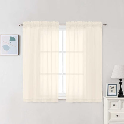 Chyhomenyc Cream Sheer Curtains 48 Inch Long, Light Filtering Solid Color Bedroom Window Sheer Curtain Panels, Elegant Short Curtains & Drapes for Living Room, 42Wx48L, 2 Panels
