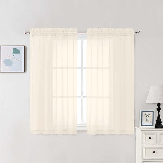 Chyhomenyc Cream Sheer Curtains 48 Inch Long, Light Filtering Solid Color Bedroom Window Sheer Curtain Panels, Elegant Short Curtains & Drapes for Living Room, 42Wx48L, 2 Panels