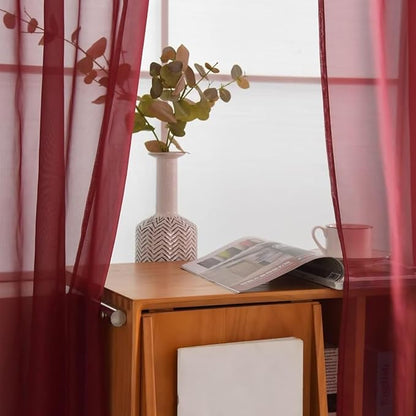 SpaceDresser Burgundy Sheer Curtains 4 Panels Rod Pocket Semi-Sheer Curtain 63 Inches Long Light Filtering Voile Window Drapes for Bedroom Living Room Kitchen, Each 52W x 63L