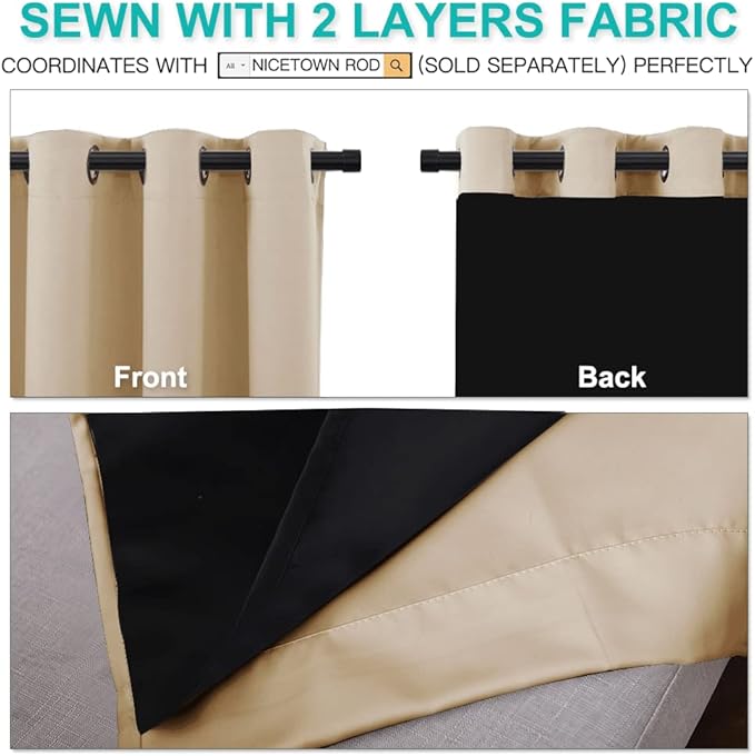 NICETOWN Living Room Completely Shaded Draperies, Privacy Protection & Noise Reducing Ring Top Drapes, Black Lined Insulated Window Treatment Curtain Panels(Biscotti Beige, 2 Pieces, W70 x L84)