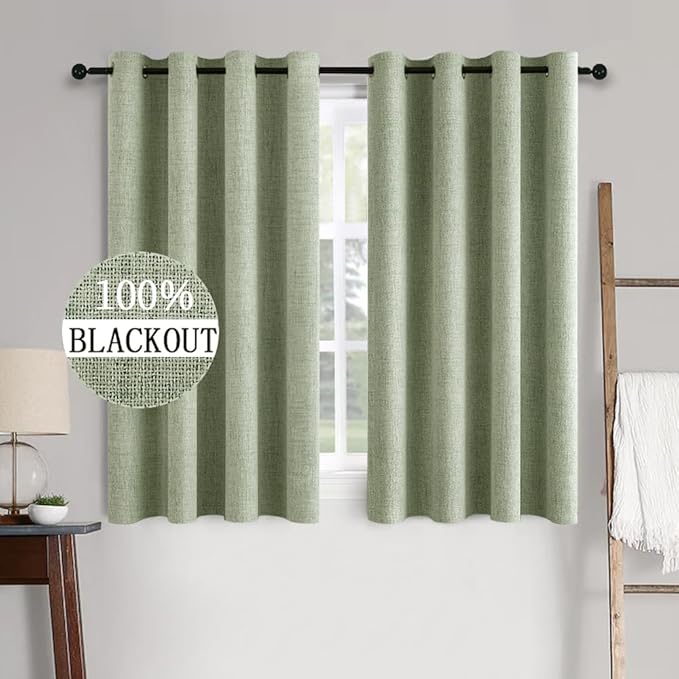 MIULEE Linen Texture Curtains for Bedroom Solid 100% Blackout Thermal Insulated Sage Green Curtains Grommet Room Darkening Drapes for Living Room Nursery 52x63 Inch (2 Panels)
