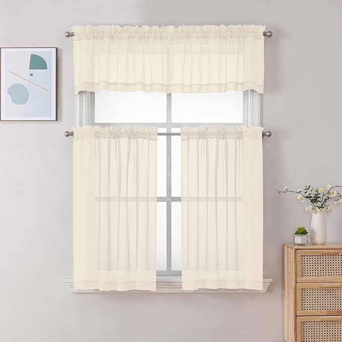 Chyhomenyc Cream Sheer Valances for Windows - Light Filtering Small Kitchen Curtains, Rod Pocket Short Top Window Treatment Decor for Living Room Bathroom Basement, 42Wx16L inches, 2 Panels