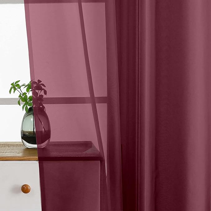 Burgundy Small Sheer Curtains 2 Panels Set, Kitchen Curtains 36 Inch Length, Elegant Light Filtering Short Window Drapes for Living Room Bedroom, Dual Rod Pocket Design, 2x42Wx36L Inches