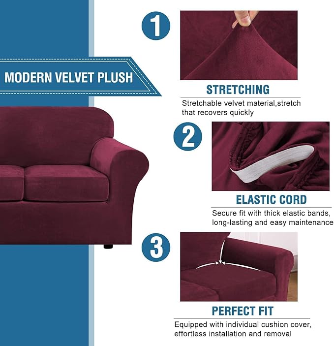H.VERSAILTEX Velvet 4 Piece High Stretch Sofa Slipcover Cover Furniture Protector Form Fit Thick Velvet Extra Large Sofa Cover for 3 Cushion Couch Width Up to 105 Inch(XL Sofa, Wine/Burgundy)