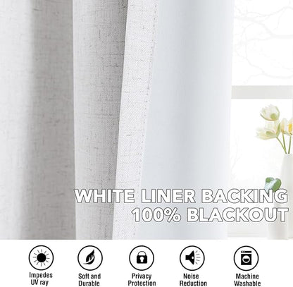 H.VERSAILTEX Linen Curtains 100% Blackout Curtains for Bedroom 108 inch Long Full Light Blocking Nature Linen Blended Window Curtains for Living Room Nickel Grommet (2 Panels, Heathered White)
