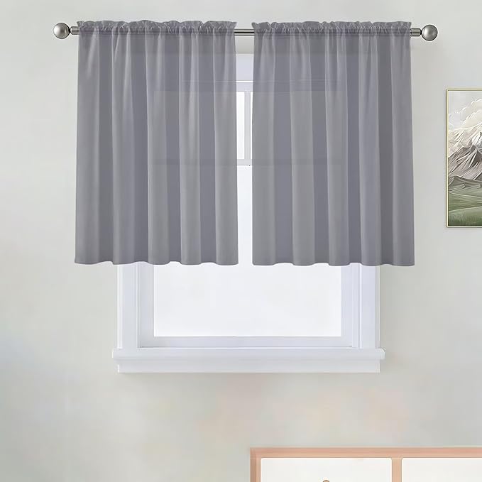 SpaceDresser Basic Rod Pocket Sheer Voile Window Curtain Panels Grey 1 Pair 2 Panels 52 Width 36 Inch Long for Kitchen Bedroom Children Living Room Yard（Grey, 52W x 36L）