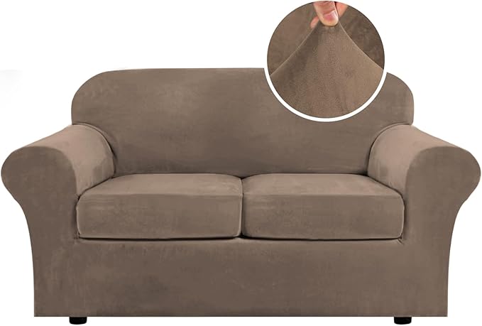 H.VERSAILTEX Real Velvet Plush 3 Piece Stretch Sofa Covers Couch Covers for 2 Cushion Couch Loveseat Covers Width Up to 72 Inch Feature Thick Soft Stay in Place (Medium Sofa, Mocha)
