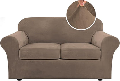 H.VERSAILTEX Real Velvet Plush 3 Piece Stretch Sofa Covers Couch Covers for 2 Cushion Couch Loveseat Covers Width Up to 72 Inch Feature Thick Soft Stay in Place (Medium Sofa, Mocha)