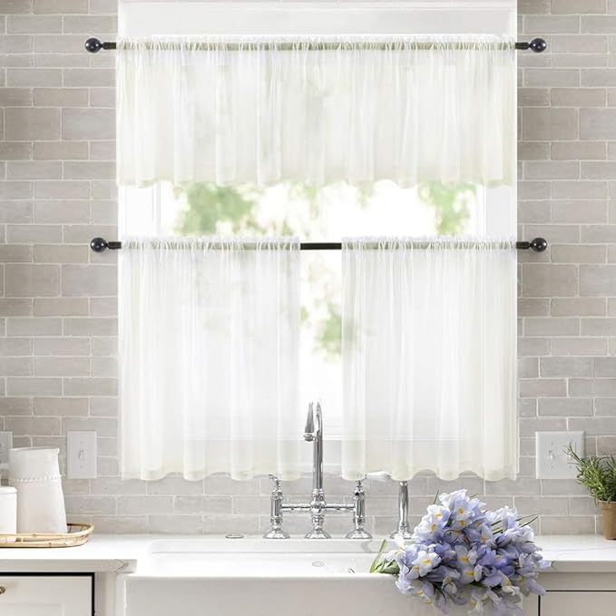 MIULEE 2 Panels Kitchen Tiers Half Window Sheer Curtains Rod Pocket Voile Drapes for Kitchen Bathroom Small Windows 54 by 36 Inch Ivory