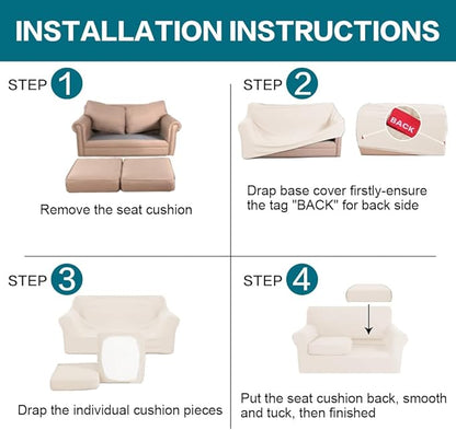 Turquoize 3 Piece Sofa Covers for 2 Cushion Couch Sofa Slipcover Soft Couch Cover for Dogs-Washable Furniture Cover with 2 Individual Covers, Feature Fabric (2 Cushion Sofa, Cream)