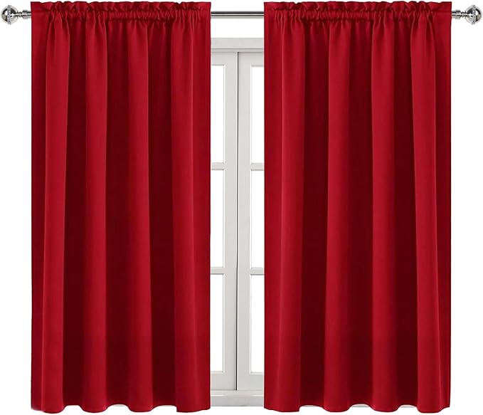 DWCN Christmas Blackout Curtains Room Darkening Thermal Insulated Bedroom Curtains Window Curtain Panels, 52 x 54 inches Long, Set of 2 Red Rod Pocket Drapes
