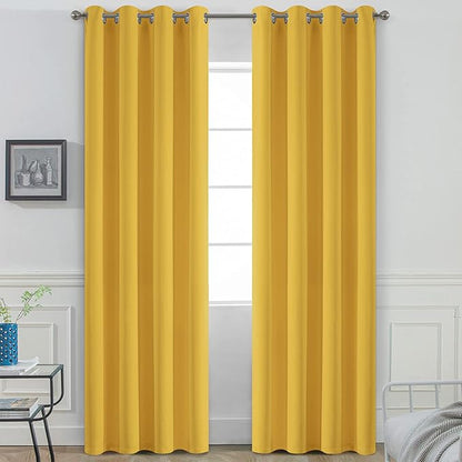 Yakamok Grommet Room Darkening Soft Thermal Insulated Mustard Yellow Blackout Curtains Window Panels for Bedroom, Width 52 Inch by Length 96 Inch, Two Curtain Panels