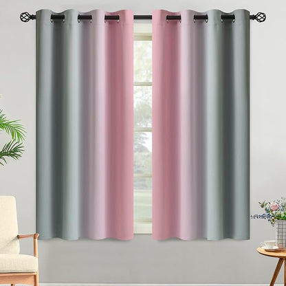 Yakamok Pink and Grey Blackout Curtains, Ombre Full Room Darkening Window Curtains for Living Room,Grommet Thermal Insulated Drapes,Light Blocking Curtains for Girls Bedroom,52x54 Inch, 2 Panels
