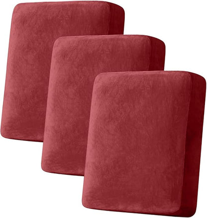 Couch Cover Stretch Velvet Sofa Cushion Cover 3-Piece - Elastic Washable Slipcover for Seat or Backrest, Couch Seat Covers for Sofas (Christmas Red)