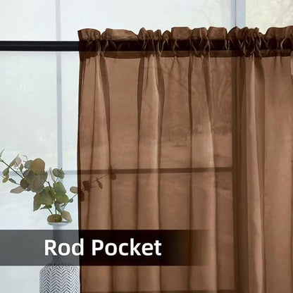 youleyar Solid Sheer Rod Pocket Curtain Voile Draperies 2 Panels White Beige Black Grey Coffee 52 Inch Width 72 Inch Long 1 Pair for Kitchen Bedroom Children Living Room Yard (Brown,52Wｘ72L)