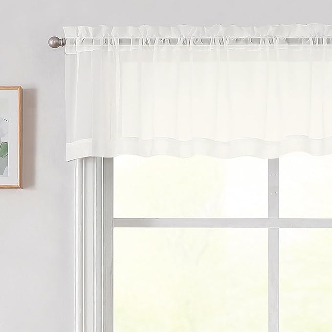 Ivory Valances for Windows, Ivory Sheer Curtains 14 Inch Length 2 Pack Kitchen Drapes, Modern Solid Mini Small Window Curtains for Cafe Bathroom Basement, Each 42" Wx14 L Inches