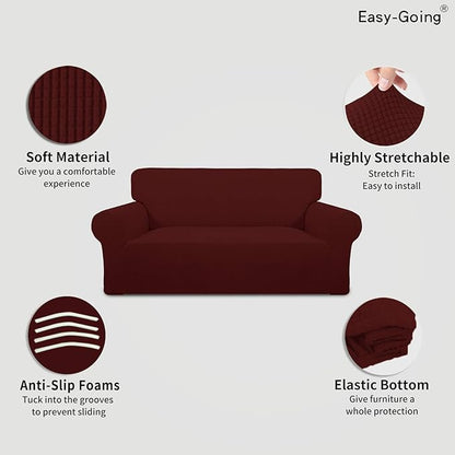 Easy-Going Stretch Oversized Loveseat Slipcover 1-Piece Sofa Cover Furniture Protector Couch Soft with Elastic Bottom for Kids Polyester Spandex Jacquard Fabric Small Checks Wine
