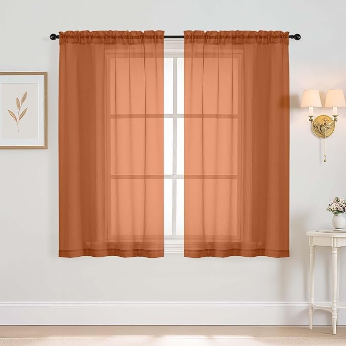 Orange Window Sheer Curtains 45 Inches Length, Voile Short Curtains for Living Room Bedroom, Modern Soft Window Drapes 2 Panels Set, Top Dual Rod Pocket Design, 2x42Wx45L Inches