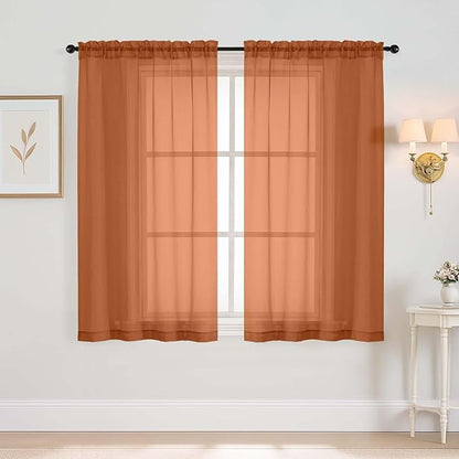 Orange Window Sheer Curtains 45 Inches Length, Voile Short Curtains for Living Room Bedroom, Modern Soft Window Drapes 2 Panels Set, Top Dual Rod Pocket Design, 2x42Wx45L Inches