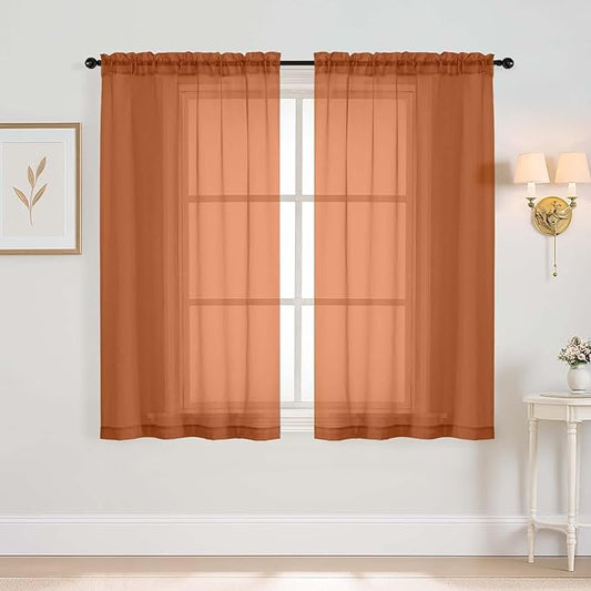 Orange Window Sheer Curtains 45 Inches Length, Voile Short Curtains for Living Room Bedroom, Modern Soft Window Drapes 2 Panels Set, Top Dual Rod Pocket Design, 2x42Wx45L Inches
