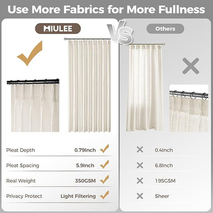 MIULEE Pinch Pleated Thick Linen Curtains 84 Inches Long 2 Panels for Living Room Bedroom, Linen Texture Memory Trained Drapes Pinch Pleat Light Filtering Neutral Ivory Cream Farmhouse Window Curtains