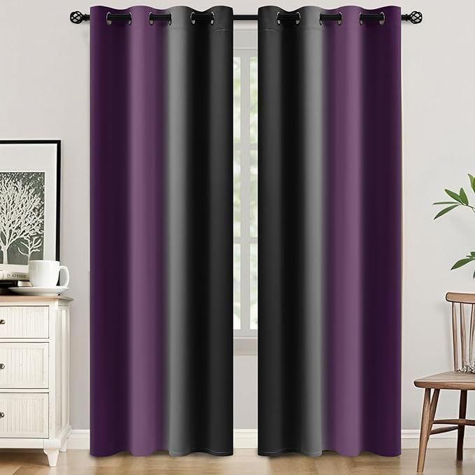 SimpleHome Ombre Room Darkening Curtains 84 inches Length for Bedroom,Grommet Gradient Light Blocking Purple and Black Window Curtains for Living Room,2 Panels, 52x84 inches