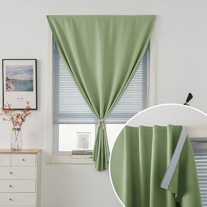 Magic Tape Blackout Curtains for Bedroom No Drillng Self Adhesive Curtains No Rod Small Window, 47" W X 96" L, Sage Green, 1 Panel