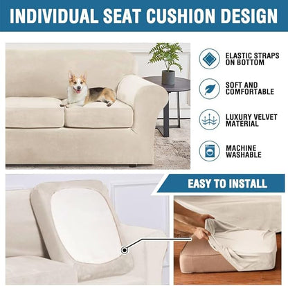 H.VERSAILTEX Rich Velvet Stretch 2 Piece Cover Chair Slipcover Sofa Cover Furniture Protector Couch Soft with Elastic Bottom Couch Cover Width Up to 49 Inch 85% Polyester 15% Spandex (Chair, Cream)