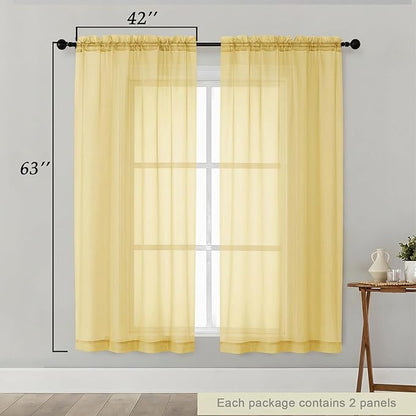 Sheer Curtains 63 Inch Length 2 Panels Set for Living Room Bedroom, Airy Soft Light Filtering Sheer Dining Room Curtains, Modern Rod Pocket Drapes, Yellow, Each 42" Wx63 L