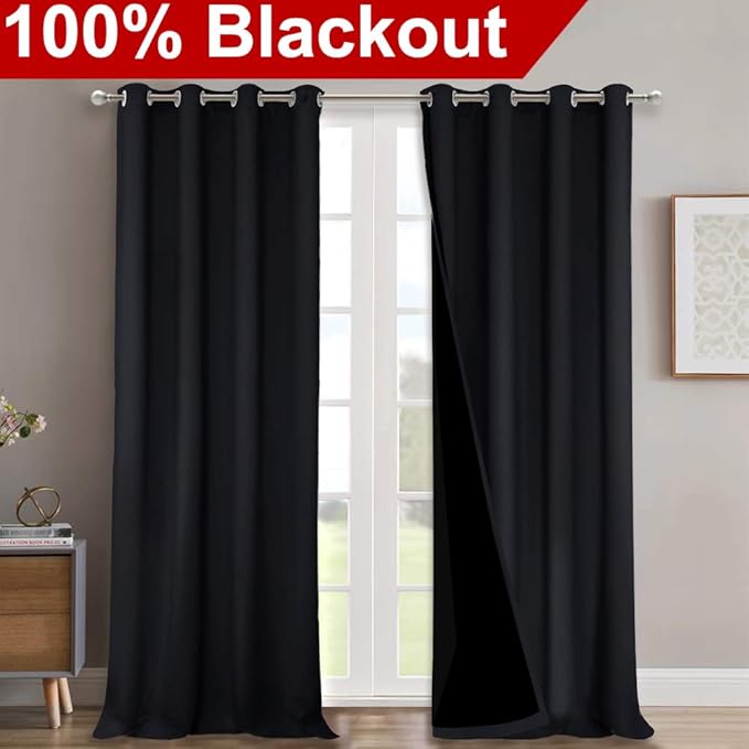 NICETOWN Extra Long Truly Blackout Drapes for Hall and Villa, 100% Blackout Window Curtain Panels with Black Lined for Night Shift Worker, 52-inch Width Each Panel, 108-inch Length, Black, 2 Pieces