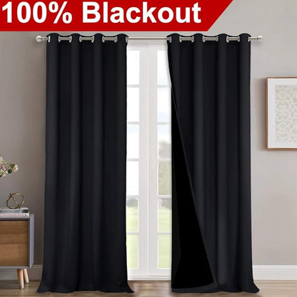 NICETOWN Full Shading Curtains 90 inches Long 2 Panels Set for Windows, Super Heavy-Duty Black Lined Blackout Curtains for Bedroom, Privacy Assured Window Treatment (Black, 52 inches W)