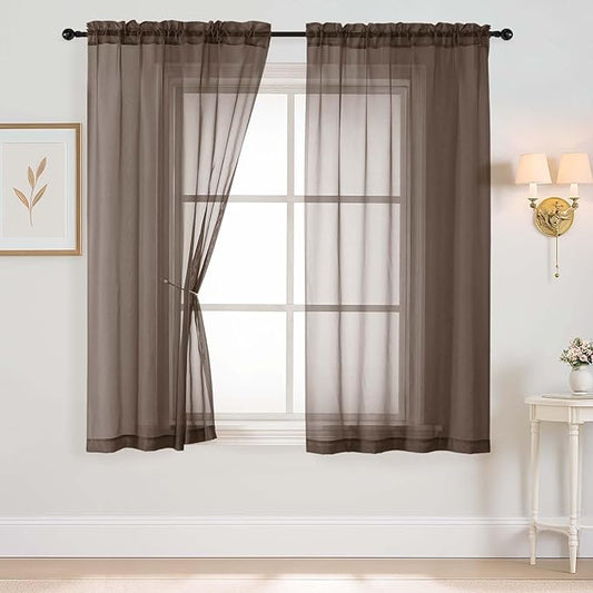 Chocolate Sheer Curtains 63 Inch Length 2 Panels, Voile Sheer Curtain for Living Room, Breathable Light Filtering Modern Window Treatments, Soft Fabric Dual Rod Pocket Drapes, 2x42Wx63L Inches