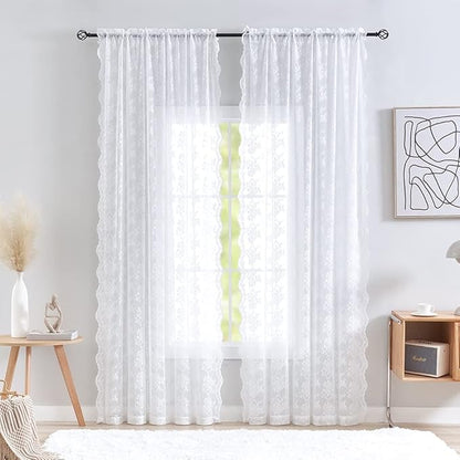 YJ YANJUN Vintage Lace Curtains 72 Inches Long- Victorian Floral Pattern White Sheer Curtain Panels for Patio Door Living Room Bedroom,Light Filtering, French Country Drapes 2 Panels 52W x 72L