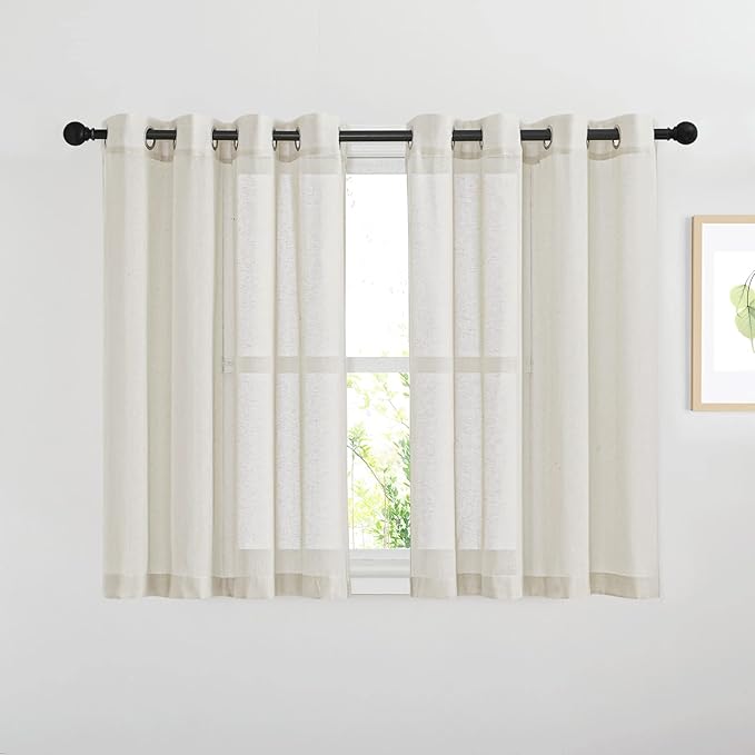 NICETOWN Kitchen Curtains Linen Burlap Drapes for Bedroom, Grommet Top Semi Sheer Privacy Window Treatment Light Filtering for Living Room, Natural, W52 x L45, Set of 2