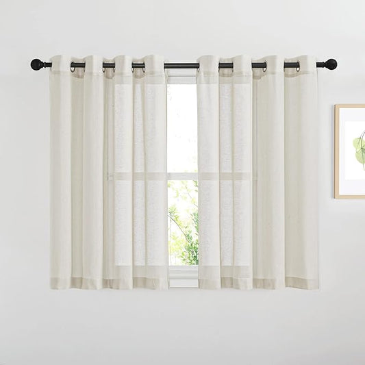 NICETOWN Kitchen Curtains Linen Burlap Drapes for Bedroom, Grommet Top Semi Sheer Privacy Window Treatment Light Filtering for Living Room, Natural, W52 x L45, Set of 2