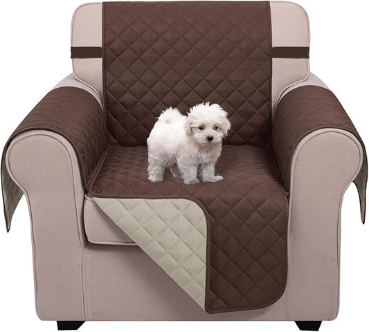 U-NICE HOME Reversible Oversized Chair Covers Quilted Water Repellent Pet Protectors with Elastic Straps(28''Armchair, Coffee/Beige)