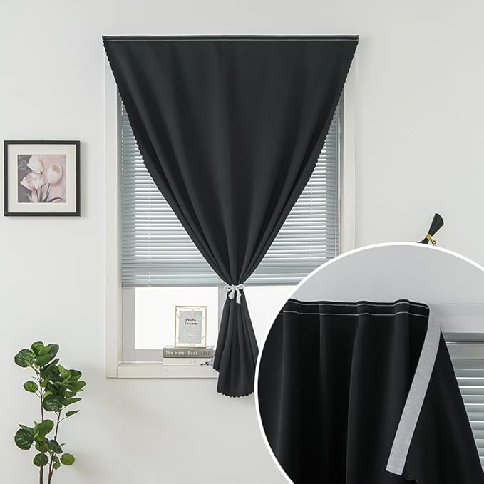 Adhesive Blackout Curtains- Self Stick Shades Window Blinds Curtains No Rod Needed Easy to Hang Curtains, Use for Bedroom, Living Room, Dining Room, Kitchen, Home Office, 47"W X 59"L, Black, 1 Panel