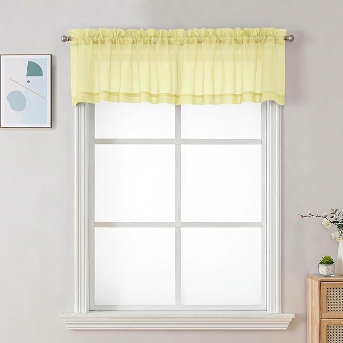 Chyhomenyc Sheer Valances for Windows - Light Filtering Small Window Curtains for Living Room Bathroom Cafe Laundry Basement, Modern Dual Rod Pocket Voile Curtain, 42Wx14L inches, Light Yellow, 2 PCS