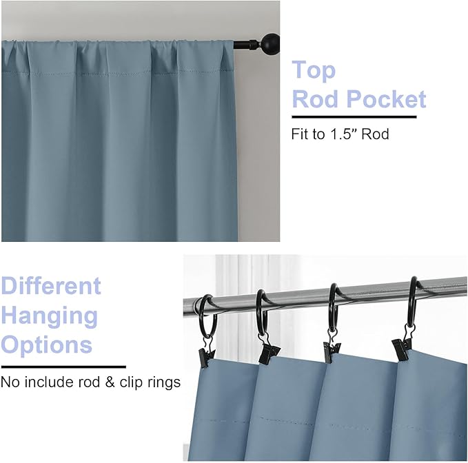 Simplebrand Ava Stone Blue Short 24 Inches Blackout Curtain 2 Panels Set, Half Window Rod Pocket Privacy Curtain Tiers for Kitchen, Curtains Blackout for Bathroom Shades, W30 x L24 Inch, Stone Blue