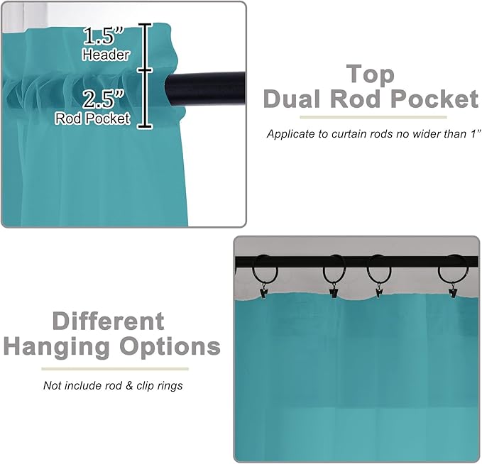 Sheer Turquoise Curtains for Bedroom Living Room 63 Inch Length 2 Panels, Airy Soft Light Filtering Sheer Dining Room Curtains, Modern Rod Pocket Drapes, Turquoise, Each 42" Wx63 L Inches