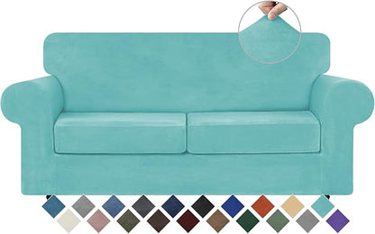 WEERRW Velvet Couch Covers for 2 Cushion Couch Sofa - High Stretch Luxury Velvet Plush 3 Pieces Sofa Slipcovers with Elastic Bottom, Furniture Protector for Pets, Machine Washable, Aqua, Medium