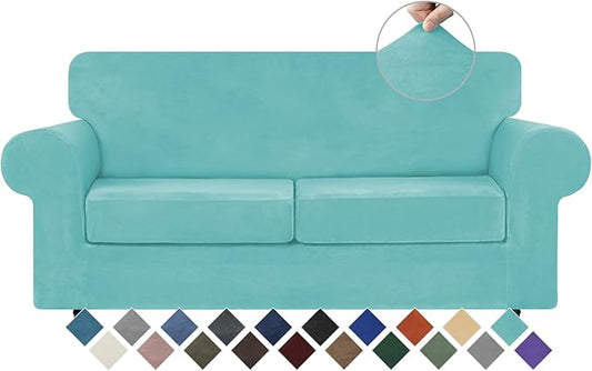 WEERRW Velvet Couch Covers for 2 Cushion Couch Sofa - High Stretch Luxury Velvet Plush 3 Pieces Sofa Slipcovers with Elastic Bottom, Furniture Protector for Pets, Machine Washable, Aqua, Medium