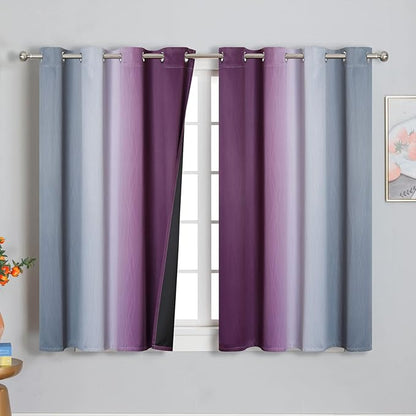 Purple and Grey Blackout Curtains 54 Inches Long,Ombre and Wavy Line Pattern 100% Blackout Curtains for Bedroom,Full Light Blocking Grommet Thermal Insulated Drapes for Kids Room, 52x54 Inch, 2 Panels