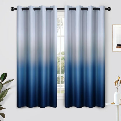 SimpleHome Ombre Curtains 52 x 63 Inch for Bedroom 2 Panels, Gradient Grey White to Blue Light Blocking Thermal Insulated Grommet Room Darkening Window Curtain/Drapes for Living Room