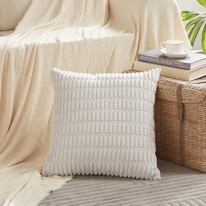 Fancy Homi 4 Packs Pure White Decorative Throw Pillow Covers 16x16 Inch for Living Room Couch Bed, Rustic Modern Farmhouse Boho Home Decor, Soft Plush Corduroy Cute Square Accent Cushion Case 40x40 cm