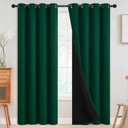 SimpleHome 100% Blackout Curtains for Bedroom,Thermal Insulated Grommet Window Drapes Room Darkening Dark Green Curtains for Living Room with Black Back,52 x 84 Inch,2 Panels