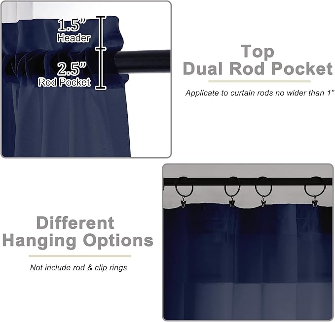 Navy Blue Kitchen Curtains 30 Inch Length Tier 2 PCS, Solid Soft Airy Half Curtains for Windows, Navy Blue Sheer Rod Pocket Drapes for Bathroom Basement Small Window Curtain, 42"Wx30"L Inch