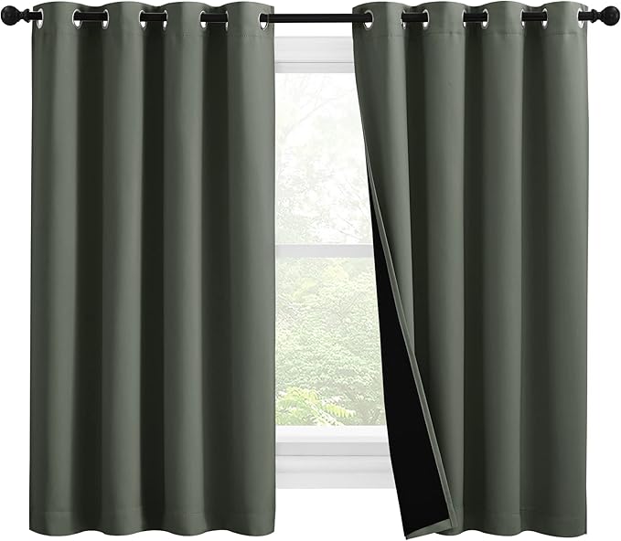 NICETOWN 100% Blackout Curtains 57 inches Long, Double-Deck Completely Blackout Window Treatment Thermal Insulated Lined Drapes for Small Window (Dark Mallard, 1 Pair, 55 inches Width Each Panel)
