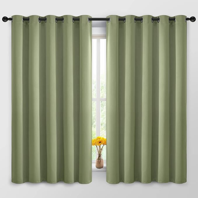 Yakamok 63 Inch Long Blackout Curtains Room Darkening Thermal Insulated with Grommet Window Curtain for Bedroom, 62Wx63L inch, Sage Green, 2 Panels